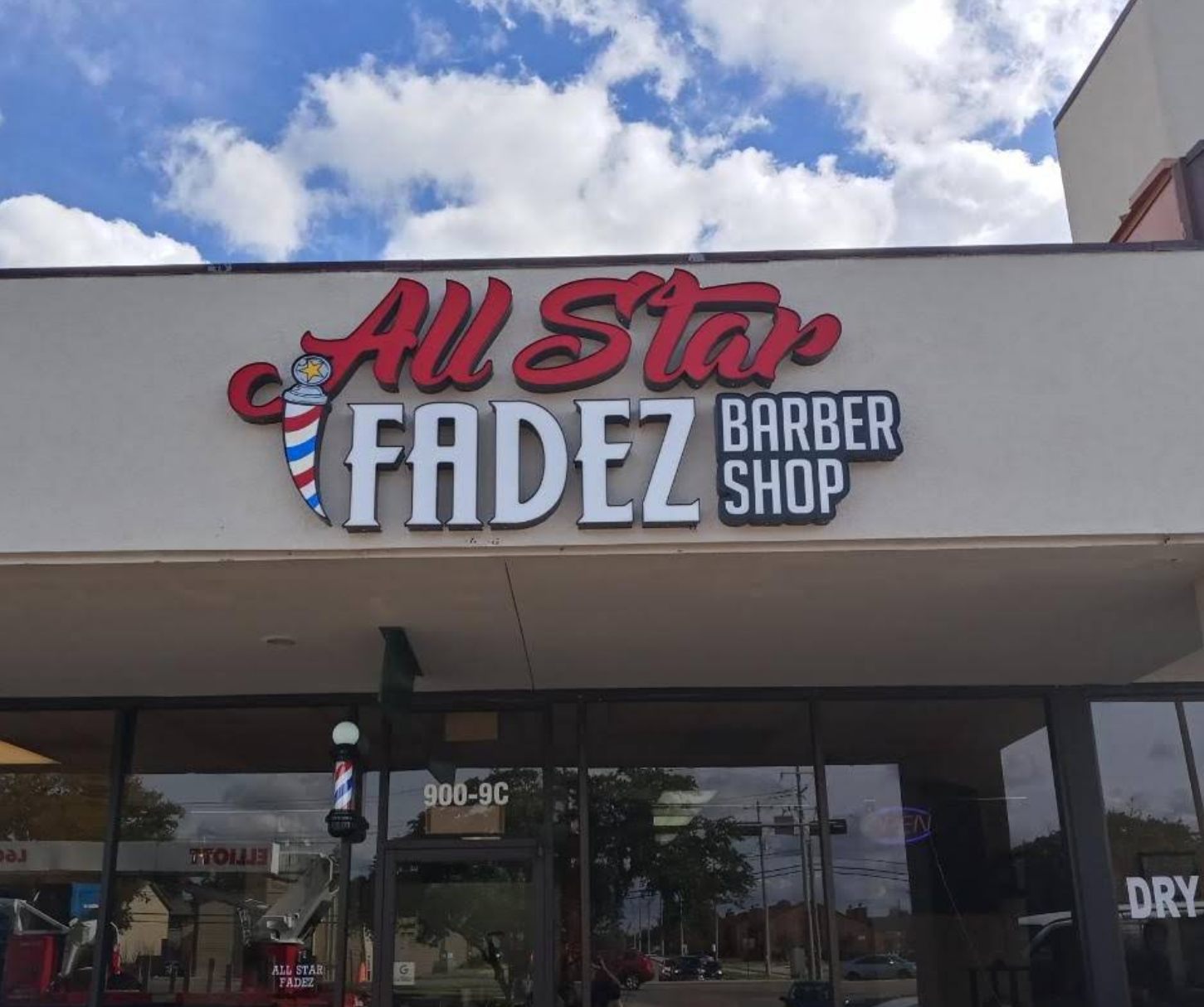 All Star Fadez Barber Shop storefront sign at 900 Harvey Road